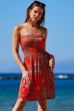 Red Scarf Print Bandeau Sun Jersey Dress