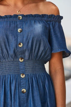 Dark Indigo Shirred Waist Bardot Denim Dress -CHAUz Clothing Shop web 2305 66 s23dd061io003w 66 reshoot 294