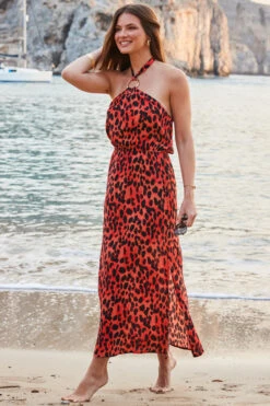 Red Leopard Print Halter Neck Sunshine Dress