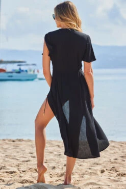 Black Crinkle Angel Sleeve Wrap Beach Dress -CHAUz Clothing Shop web 2306 38 s23dw180bk0001 38 266