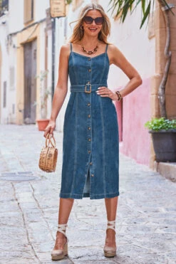 Dark Indigo Button Front Buckle Detail Denim Midi Dress -CHAUz Clothing Shop web 2306 95 s23dd051in0007 95 2 021 rt
