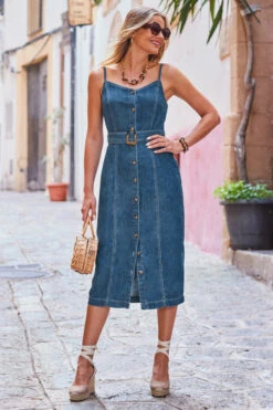 Dark Indigo Button Front Buckle Detail Denim Midi Dress -CHAUz Clothing Shop web 2306 95 s23dd051in0007 95 2 023 rt