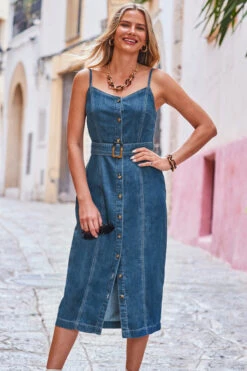 Dark Indigo Button Front Buckle Detail Denim Midi Dress -CHAUz Clothing Shop web 2306 95 s23dd051in0007 95 2 210 rt