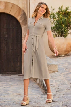 Stone Ponte Fit & Flare Midi Shirt Jersey Dress