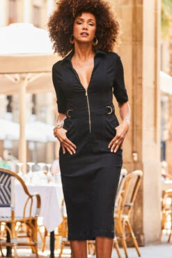 Black Buckle Detail Zip Front Denim Pencil Dress