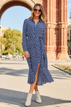 Blue & White Print Midi Shirt Dress