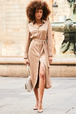 Camel Satin Belted Midi Shirt Dress -CHAUz Clothing Shop web 2307 10 s23dw209bn0003 10 044