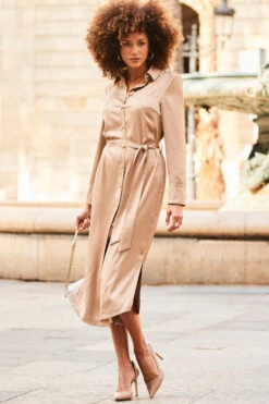 Camel Satin Belted Midi Shirt Dress -CHAUz Clothing Shop web 2307 10 s23dw209bn0003 10 055