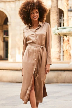 Camel Satin Belted Midi Shirt Dress -CHAUz Clothing Shop web 2307 10 s23dw209bn0003 10 119