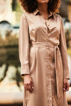 Camel Satin Belted Midi Shirt Dress -CHAUz Clothing Shop web 2307 10 s23dw209bn0003 10 245