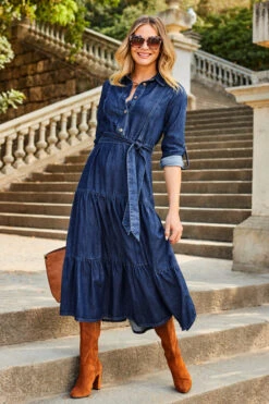 Dark Indigo Tiered Hem Denim Midi Dress