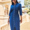 Indigo Blue Ruched Waist Denim Midi Dress -CHAUz Clothing Shop web 2307 82 s23dd062be0032 82 049 rt