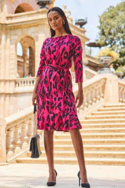 Pink Animal Print Jersey Ruffle Hem Belted Dress