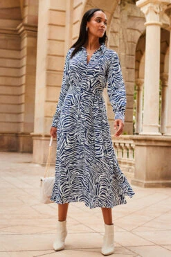 Blue & White Zebra Print Midi Shirt Dress -CHAUz Clothing Shop web 2307 91 s23dw224blan01 91 045