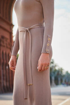 Taupe Belted Gold Button Detail Knitted Midi Dress -CHAUz Clothing Shop web 2307 97 a23dk269bn0003 97 314