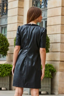 Black Faux Leather Button Front Pocket Detail Shift Dress -CHAUz Clothing Shop web 2308 105 a23dp021bk0001 105 151