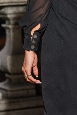 Black Sweetheart Neckline Pencil Dress With Sheer Sleeve Detail -CHAUz Clothing Shop web 2308 116 a23dw022bk0001 116 145