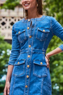 Mid Blue Button Front Pocket Detail Denim Dress -CHAUz Clothing Shop web 2308 122 a23dd003be0007 122 284