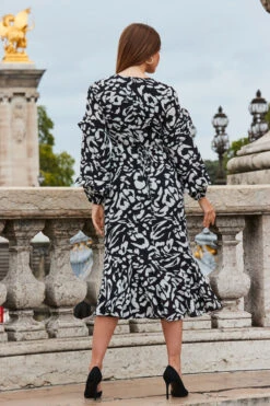 Black & White Animal Print Ruffle Hem Midi Dress -CHAUz Clothing Shop web 2308 128 a23dw034bkan01 128 301