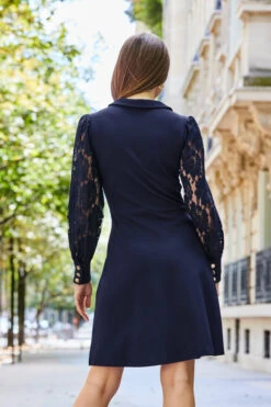 Navy Blue Lace Sleeve Fit & Flare Ponte Jersey Dress -CHAUz Clothing Shop web 2308 129 a23dj011be0003 129 253 rt