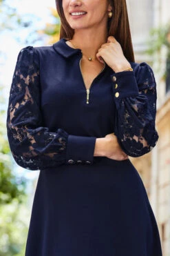 Navy Blue Lace Sleeve Fit & Flare Ponte Jersey Dress -CHAUz Clothing Shop web 2308 129 a23dj011be0003 129 271 rt