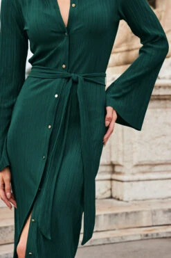 Dark Green Plisse Flared Sleeve Shirt Jersey Dress -CHAUz Clothing Shop web 2308 133 s23dj250gn0001 133 231 rt