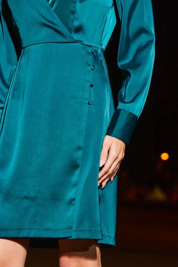 Emerald Green Satin Collared Faux Wrap Dress 8 Emerald Green Satin Collared Faux Wrap Dress - Image 6