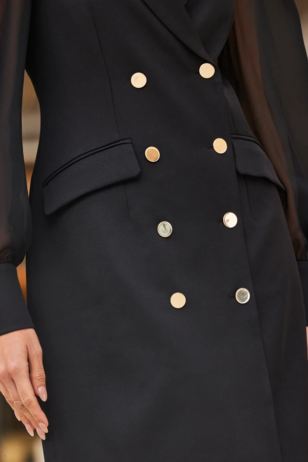 Black Sheer Sleeve Gold Button Blazer Dress 9 Black Sheer Sleeve Gold Button Blazer Dress - Image 7