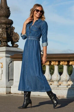 Mid Blue Fit & Flare Buckle Detail Denim Midi Dress -CHAUz Clothing Shop web 2308 68 a23dd017be0010 68 280 rt