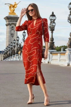 Red Chain Print Keyhole Detail Midi Dress