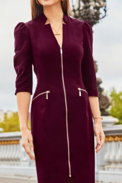 Burgundy Zip Front Pencil Dress -CHAUz Clothing Shop web 2308 80 a23dw031rd0004 80 179 rt