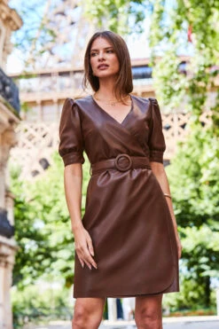 Chocolate Brown Faux Leather Belted Wrap Dress -CHAUz Clothing Shop web 2308 93 a23dp002pt0004 93 249
