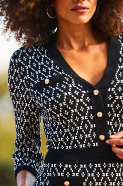 Black Geometric Print Gold Button Detail Knitted Dress -CHAUz Clothing Shop web 2309 104 a23dk250bk0001 104 304