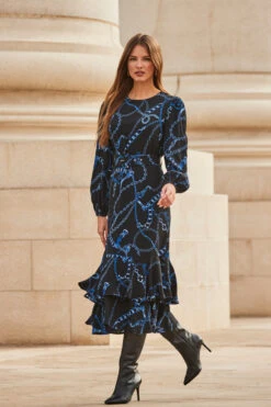 Black & Blue Chain Print Ruffle Hem Fit & Flare Dress -CHAUz Clothing Shop web 2309 107 a23dw083bkcv01 107 027