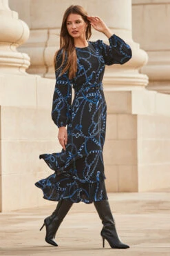 Black & Blue Chain Print Ruffle Hem Fit & Flare Dress