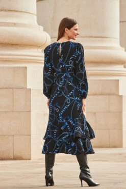 Black & Blue Chain Print Ruffle Hem Fit & Flare Dress -CHAUz Clothing Shop web 2309 107 a23dw083bkcv01 107 138