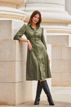 Khaki Green Faux Leather Popper Front Shirt Dress -CHAUz Clothing Shop web 2309 114 a20dp004gn0002 114 072 rc