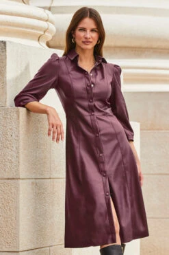 Burgundy Faux Leather Popper Front Shirt Dress