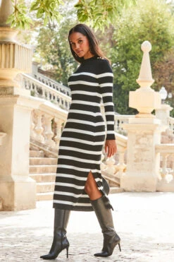 Black & White Stripe Button Detail Rib Knit Midi Dress -CHAUz Clothing Shop web 2309 119 a23dk105bknl01 119 052