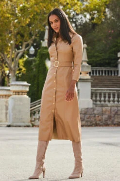 Camel Faux Leather Longline Shirt Dress -CHAUz Clothing Shop web 2309 122 a23dp010be0040 122 027