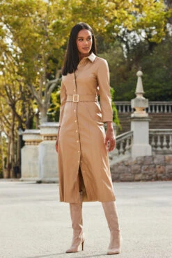 Camel Faux Leather Longline Shirt Dress -CHAUz Clothing Shop web 2309 122 a23dp010be0040 122 053