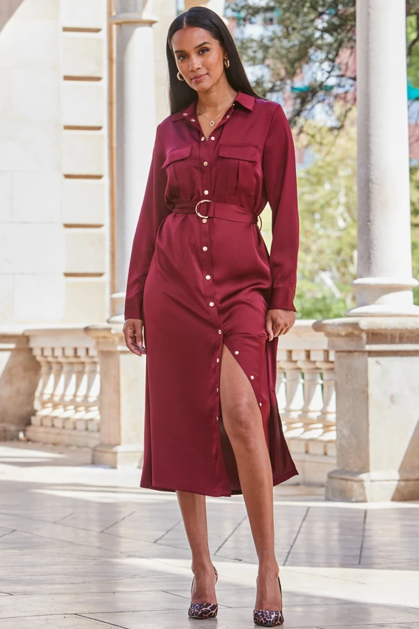 Burgundy Satin Utility Shirt Dress 4 Burgundy Satin Utility Shirt Dress - Image 2