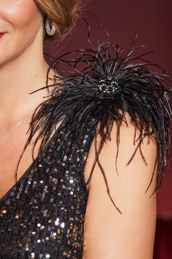 Pewter Sequin Feather Shoulder Pencil Dress 6 Pewter Sequin Feather Shoulder Pencil Dress - Image 4