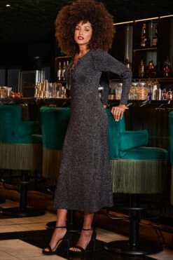 Pewter Metallic Chain Lace Up Detail Midi Dress -CHAUz Clothing Shop web 2309 230 a23dk197mc0004 230 025