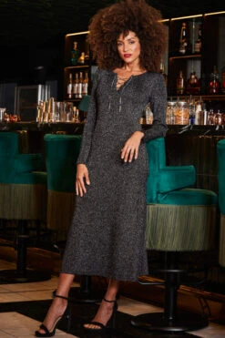 Pewter Metallic Chain Lace Up Detail Midi Dress -CHAUz Clothing Shop web 2309 230 a23dk197mc0004 230 030