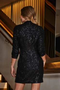 Black Sequin Ruched Sleeve Blazer Dress -CHAUz Clothing Shop web 2309 29 a23dw053bk0001 29 072
