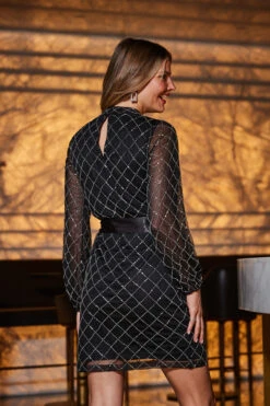 Black Geometric Embellished Belted Shift Dress 12 Black Geometric Embellished Belted Shift Dress -CHAUz Clothing Shop web 2309 33 a23dw019bk0001 33 046