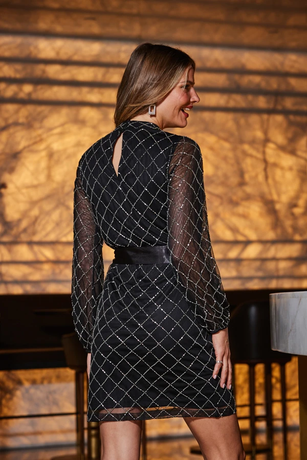 Black Geometric Embellished Belted Shift Dress 6 Black Geometric Embellished Belted Shift Dress - Image 4