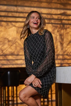 Black Geometric Embellished Belted Shift Dress 11 Black Geometric Embellished Belted Shift Dress -CHAUz Clothing Shop web 2309 33 a23dw019bk0001 33 078