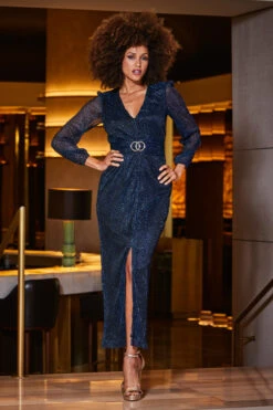 Sapphire Blue Sparkle Plisse Sheer Sleeve Maxi Dress